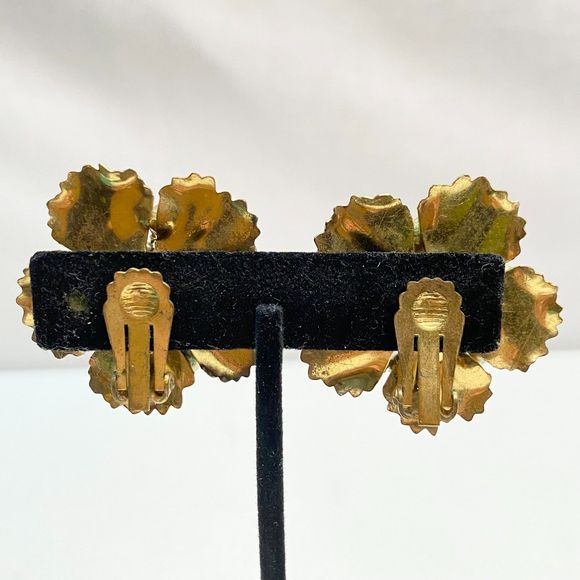 Flower Stud Earrings Gold Tone Cluster Beads Blue Green Rhinestones Clip Ons - Picture 4 of 11